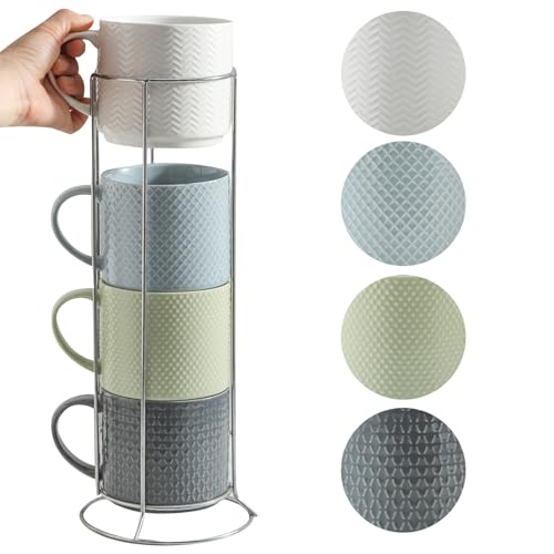 HASENSE 15oz Porcelain Coffee Mugs with Stackable Storage Rack