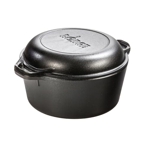 Lodge Cast Iron Double Dutch Oven 5 Quart - Pre-Seasoned 2-in-1 Cast Iron Cookware - Pot & Skillet Combo - Even Heat Retention - Oven-Safe, Versatile Pot