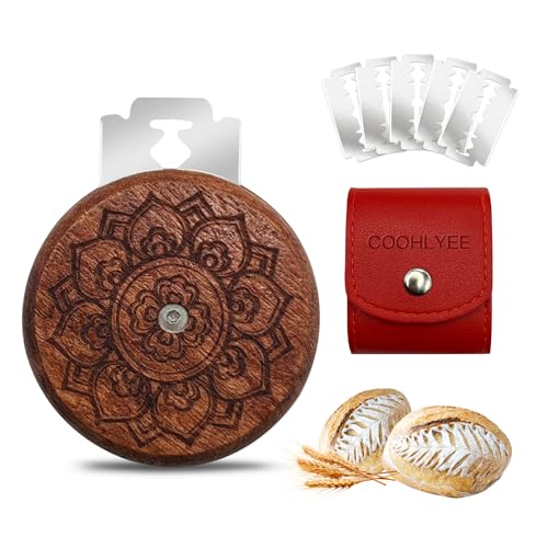 COOHLYEE UFO Bread Lame for Sourdough, Wooden Sourdough Scoring Tool with PU Storage Case, 5 Replaceable Blades and Finger Protectors, Bread Scorer for Homemade Bread Baking Gifts
